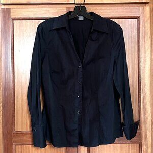 Ann Taylor Black Tailored Blouse with Open Neck and Fold-Up Cuffs